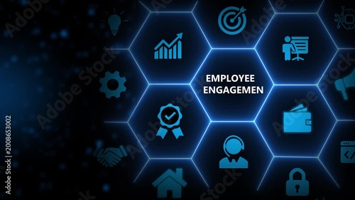 Employee engagement and team motivation. Productive people, inspiration. Common goals of the company and employees for sustainability. Touching on employee engagement text sourrounded by engage icons.