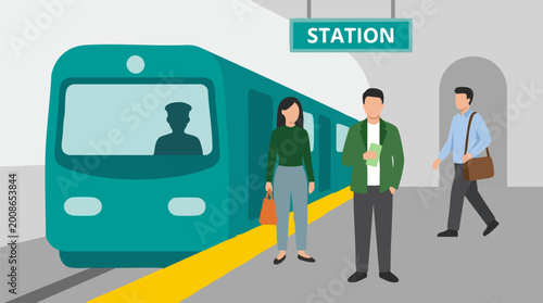 Quadro su tela Illustration of commuters at a train station platform with subway train