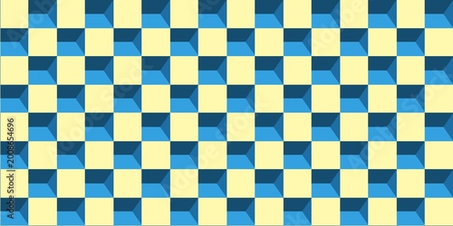 ​Abstract geometric 3D pattern with yellow squares and blue recessed cubes. Seamless vector background of isometric box grid for modern graphic design, wallpaper, and creative textures.