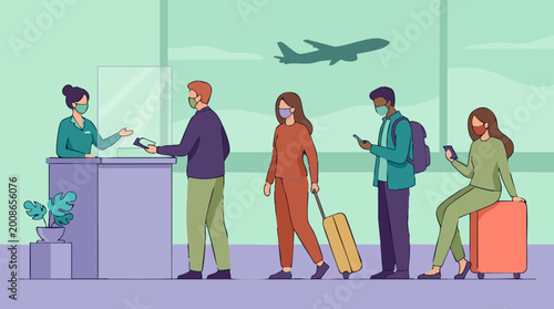 Tableau sur toile Passengers and staff wearing face masks at airport check-in counter
