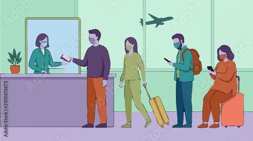 Tableau sur toile Travelers in face masks at airport check-in during a pandemic