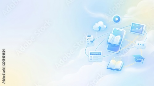 Soft Pastel Digital Education Technology Concept with Smartphone Cloud and Learning Icons