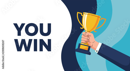 Successful hand in a suit holds a gold trophy cup to celebrate victory with you win text on an abstract blue background.