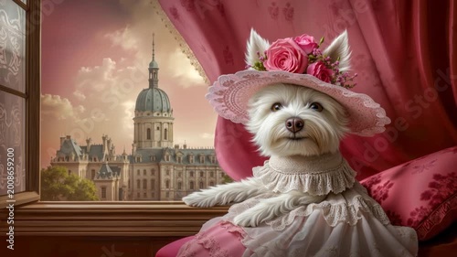 Elegant white terrier dog wearing a pink Victorian dress and floral hat looking out a palace window