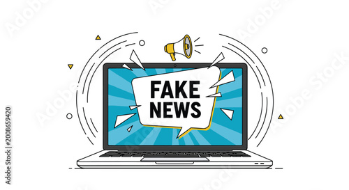 Laptop screen showing fake news announcement with megaphones on abstract background for misinformation and media ethics.