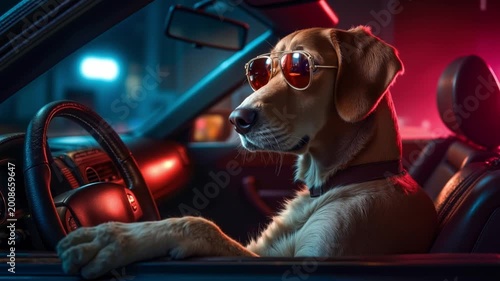 Illustration of a cool golden retriever dog wearing aviator sunglasses and driving a car at night