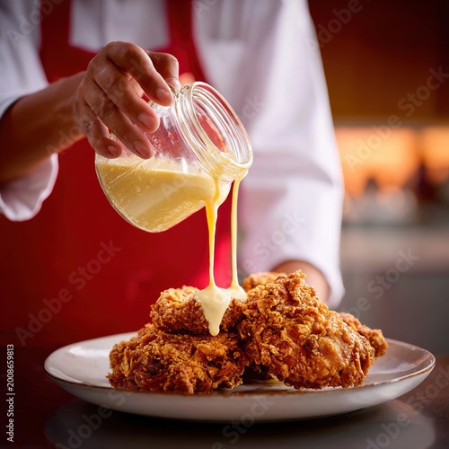 Chef Pouring Sauce Over Crispy Fried Chicken