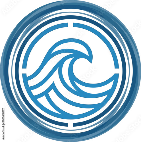 Wave logo sits inside a circular emblem reflecting calm aquatic motion.