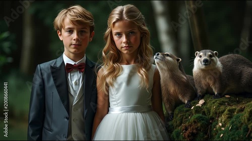 Two well dressed children posing with large otters on a mossy log in a forest
