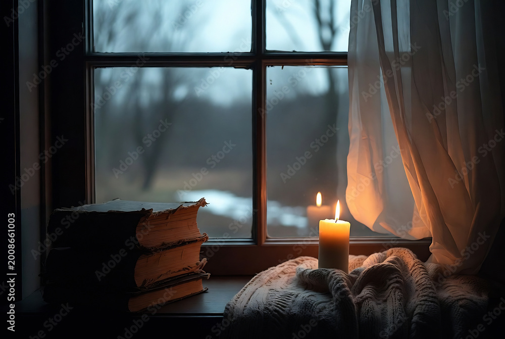 Fototapeta premium A candle illuminates a stack of books and a blanket on a windowsill, creating a cozy, quiet scene with a rainy landscape visible through the window.