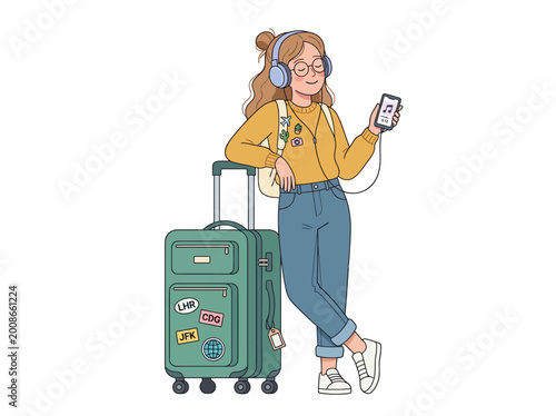 Cheerful young woman traveler enjoys music and digital connection with her smartphone and headphones while standing next to luggage, ready for an exciting journey or vacation