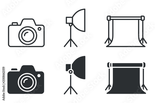 Camera lighting equipment and backdrop icon set for photography studios.