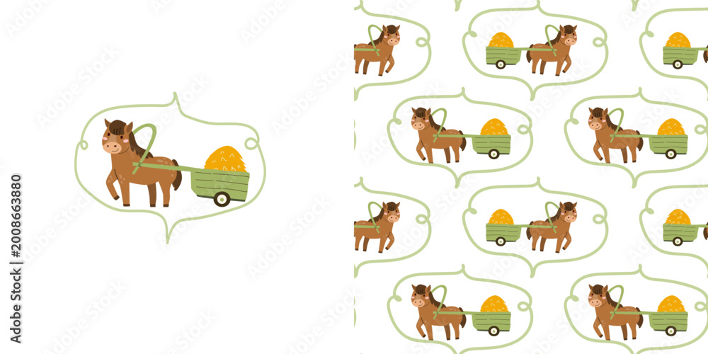 Obraz premium Cute coquette pattern with horse and cart of hay. Fanny farm print and pattern for nursery, girly designs.