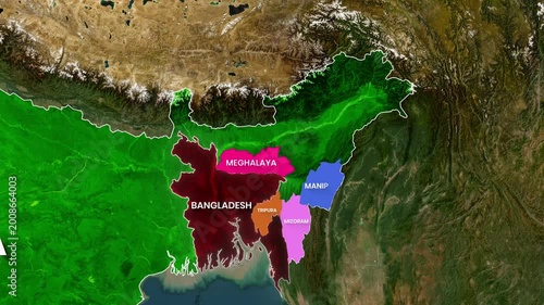 Animated map showing northeast Indian states and Bangladesh in digital motion footage