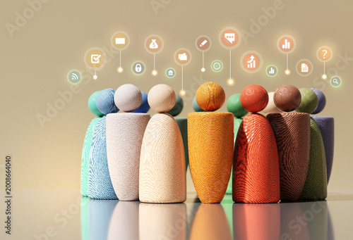 Abstract Wooden People – Teamwork, and Success Concept. The scene symbolizes people working together to build ideas, manage resources, and achieve common goals in business 3D rendering
