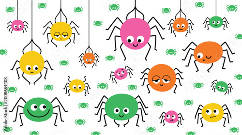 Photos Cute Cartoon Spiders Collection in Pink, Yellow, Orange, and Green Hanging on Webs or Crawling with Cheerful Faces in Fun Colorful Vector Illustrations