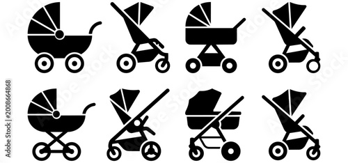 Tableau sur toile Collection of black baby stroller, pram, and pushchair icons