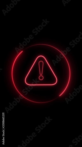 Red neon exclamation mark warning inside triangle on black background. Neon exclamation mark icon for caution. Neon exclamation mark safety warning motion graphic.