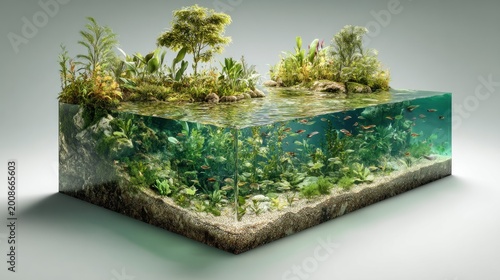 A cross-section of a pristine aquatic ecosystem is presented in a perfect square. Above water, lush greenery thrives; below, fish swim through vibrant plants