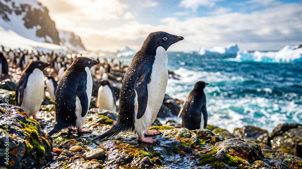 Obraz premium Group of penguins standing on mossy rocks by ocean shore. Icebergs floating in sea with snowy mountains. Antarctic wildlife and polar nature exploration concept