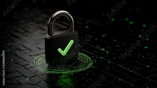 A close-up of a metallic, square padlock with a glowing green checkmark, surrounded by concentric circles, set against a digital-themed black background