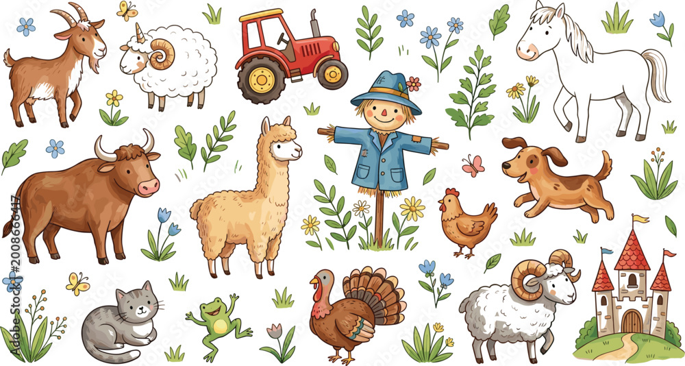 Fototapeta premium Farm and Countryside Illustration Set with Farm Animals, Scarecrow, Tractor, Plants, Flowers, and Castle for Kids Education, Playful Learning, and Outdoor Nature Designs.