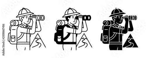 Obraz na płótnie set of three hiker silhouettes with binoculars and backpacks looking at mountain
