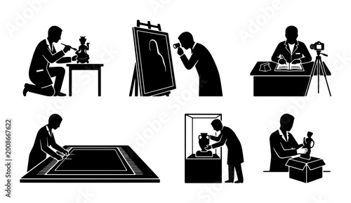 Slika na platnu Silhouettes of professionals at work: artist photographer curator conservator ar