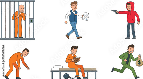 Fényképezés Criminal Justice and Crime Concept Vector Illustration with Prisoners Robbers Theft Law Enforcement Investigation Security and Suspects in Flat Minimalist Style Designs