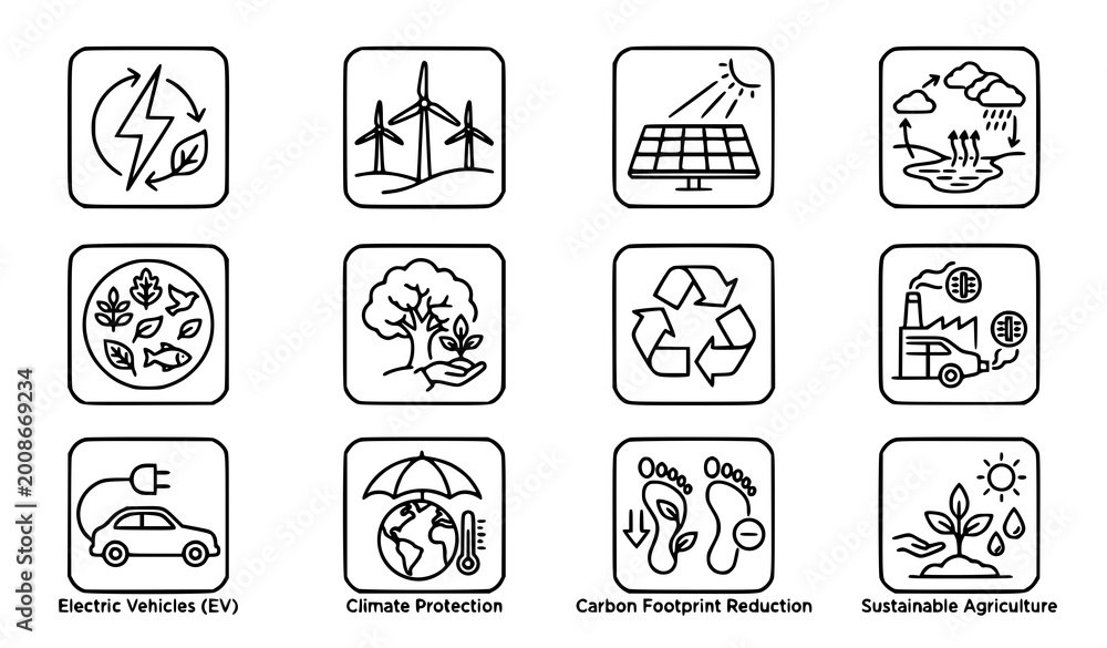Fototapeta premium Ecosystem and climate sustainability line icon set featuring renewable energy biodiversity and environmental protection symbols in modern minimal style
