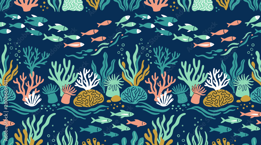 Fototapeta premium Underwater coral reef fish pattern navy teal seamless marine background
