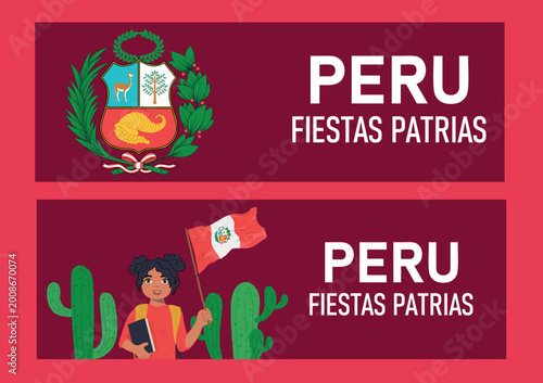 Fiestas patrias peru celebration twitter header set. Colorful illustrations for holiday seasonal banner collection design