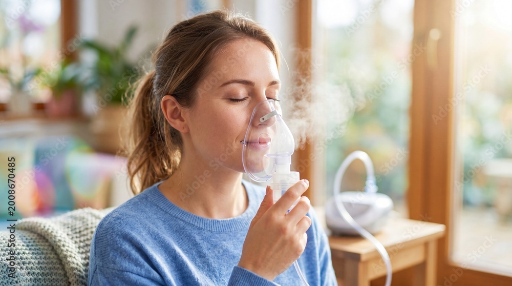 Obraz premium Woman inhaling mist from nebulizer in cozy living room. Asthma treatment at home with respiratory therapy machine. Allergy relief and breathing support concept for better health management