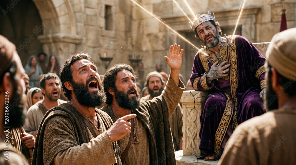 Fototapeta premium King Herod sits on a throne wearing royal robes and being struck by a divine light. Biblical scene depicting the death of the king in Acts of the Apostles. Ancient historical religious event.