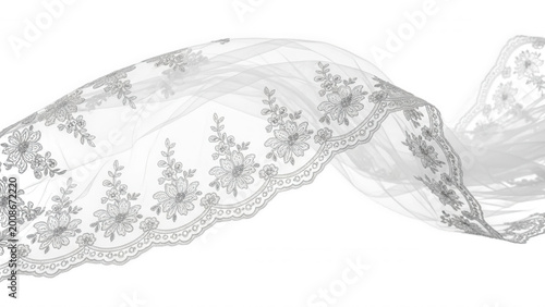 Flowing white bridal veil with intricate floral lace embroidery, isolated on a solid black background, showing delicate sheer fabric texture