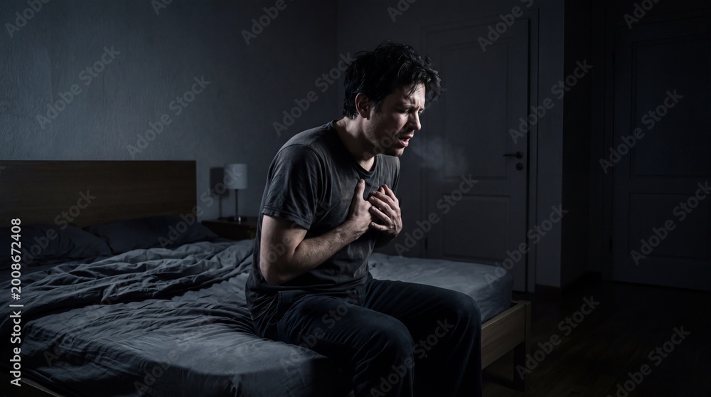 Fototapeta premium Man sitting on bed clutching chest in distress while breathing heavily. Asthma attack symptoms in dimly lit bedroom at night. Respiratory health emergency and illness awareness concept