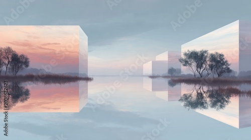 Ethereal cube landscape reflects trees and soft sunset hues on still water under a misty sky