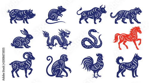 Canvas Print Chinese Zodiac Animal Illustration Set with Rat, Ox, Tiger, Rabbit, Dragon, Snak