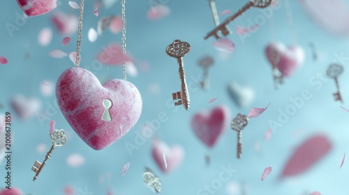 Floating pink hearts with keyhole pendants and golden keys on chains, surrounded by falling pink petals against a soft, blurred blue background