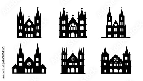 Quadro su tela Gothic Cathedral Silhouette Vector Set Medieval Church Facade Icon Collection