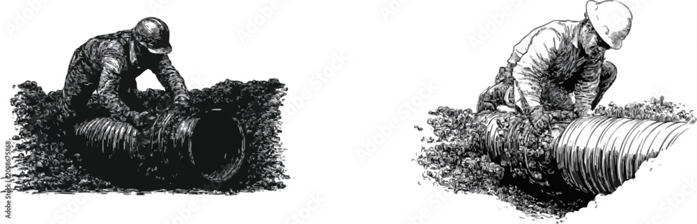 Obraz premium A monochrome engraving depicts a worker in a trench, meticulously installing a corrugated steel pipe with intricate cross-hatching details on a pure white background