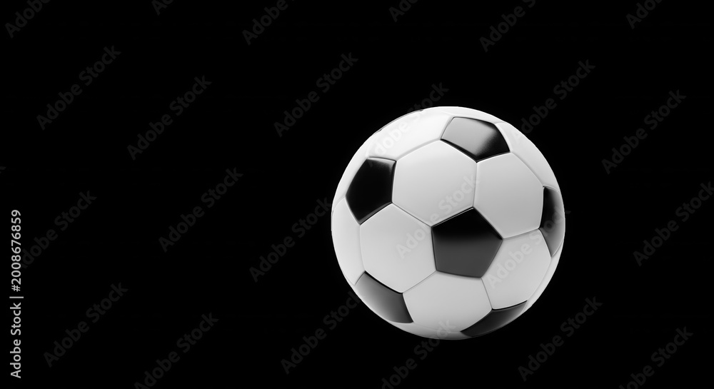 Naklejka premium A classic black and white soccer ball with a traditional hexagonal pattern isolated against a solid, deep black background