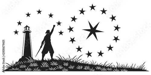Cuadro en lienzo Nautical silhouette illustration of a lighthouse and explorer pointing towards c