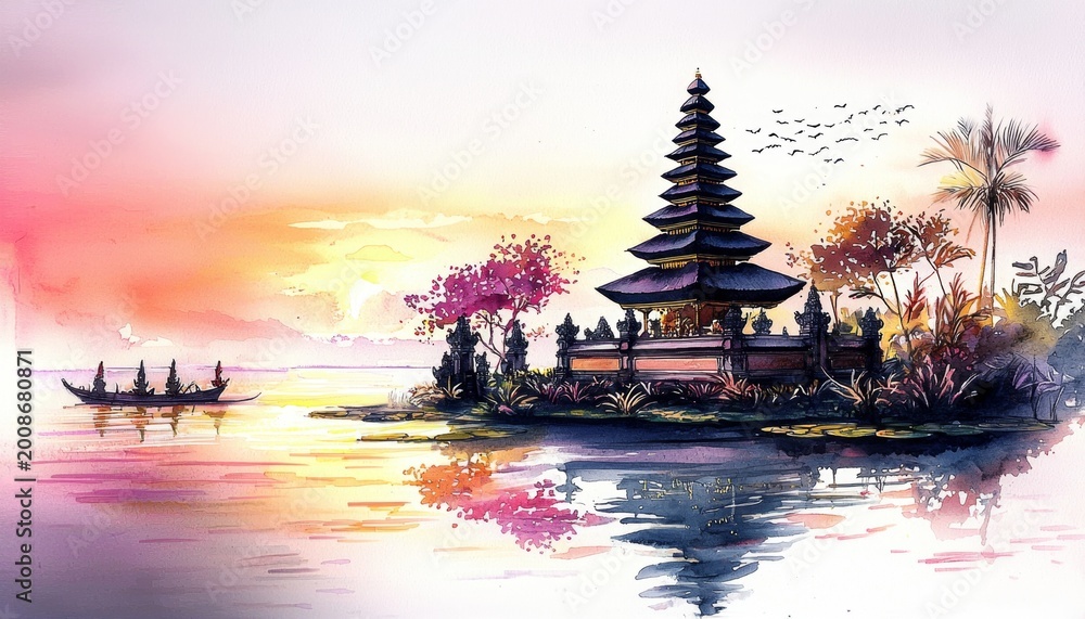 Obraz premium Morning Reflections: A Balinese Temple by a Lake