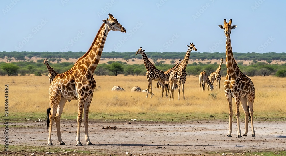 Obraz premium Giraffes standing on savannah road outdoors.