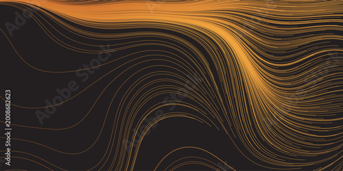 Slika na platnu Abstract digital background featuring flowing golden and orange wavy lines sweeping across a dark background