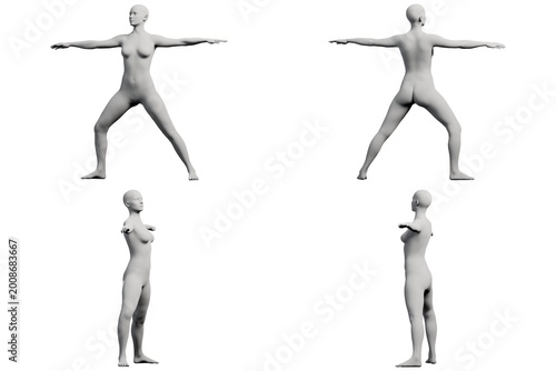 Female figure model T-pose 4-view collage