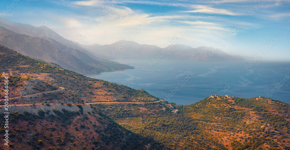 Fototapeta premium Attractive autumn view of Peloponnese peninsula, Greece, Europe. Incredible morning seascape of Myrtoa sea. Beauty of nature concept background.