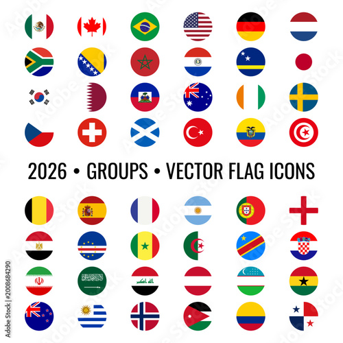 2026 international football season national flag icons isolated on transparent background. Round flag icons for global sports reporting, digital tournament tracking, mobile app interfaces, sports news