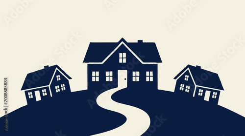 Stylized illustration of three houses on hills with a winding path